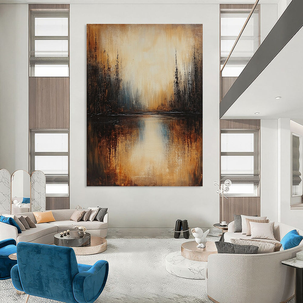Large abstract painting of a lake with dark beige trees in brown and grey tones under low lighting creating a serene atmosphere.STSC168