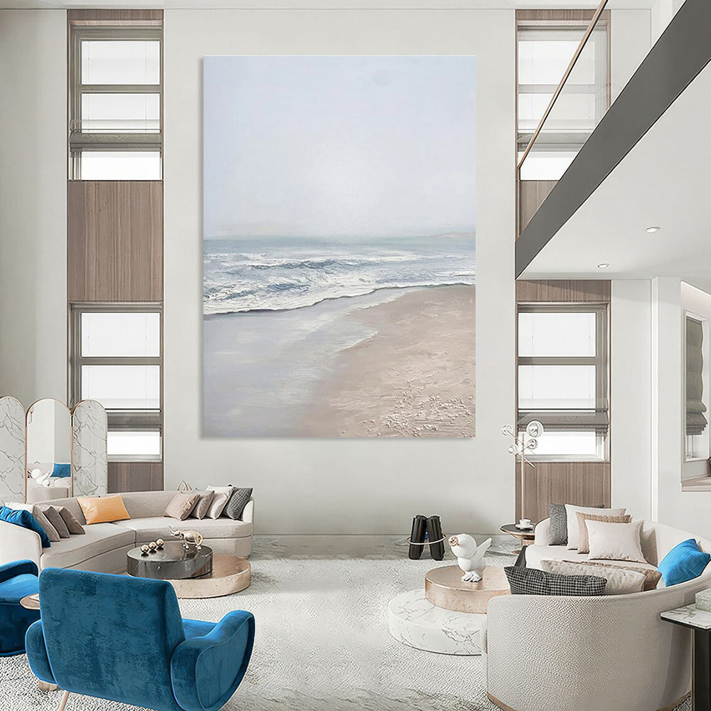 Light - toned Beach Scene Abstract Painting with Blue and Beige ADGE310