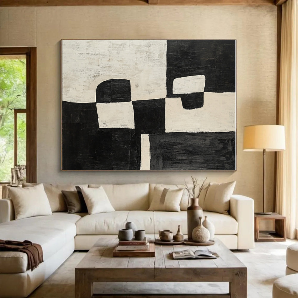Black and White Abstract Painting with Textured Blocks GER669