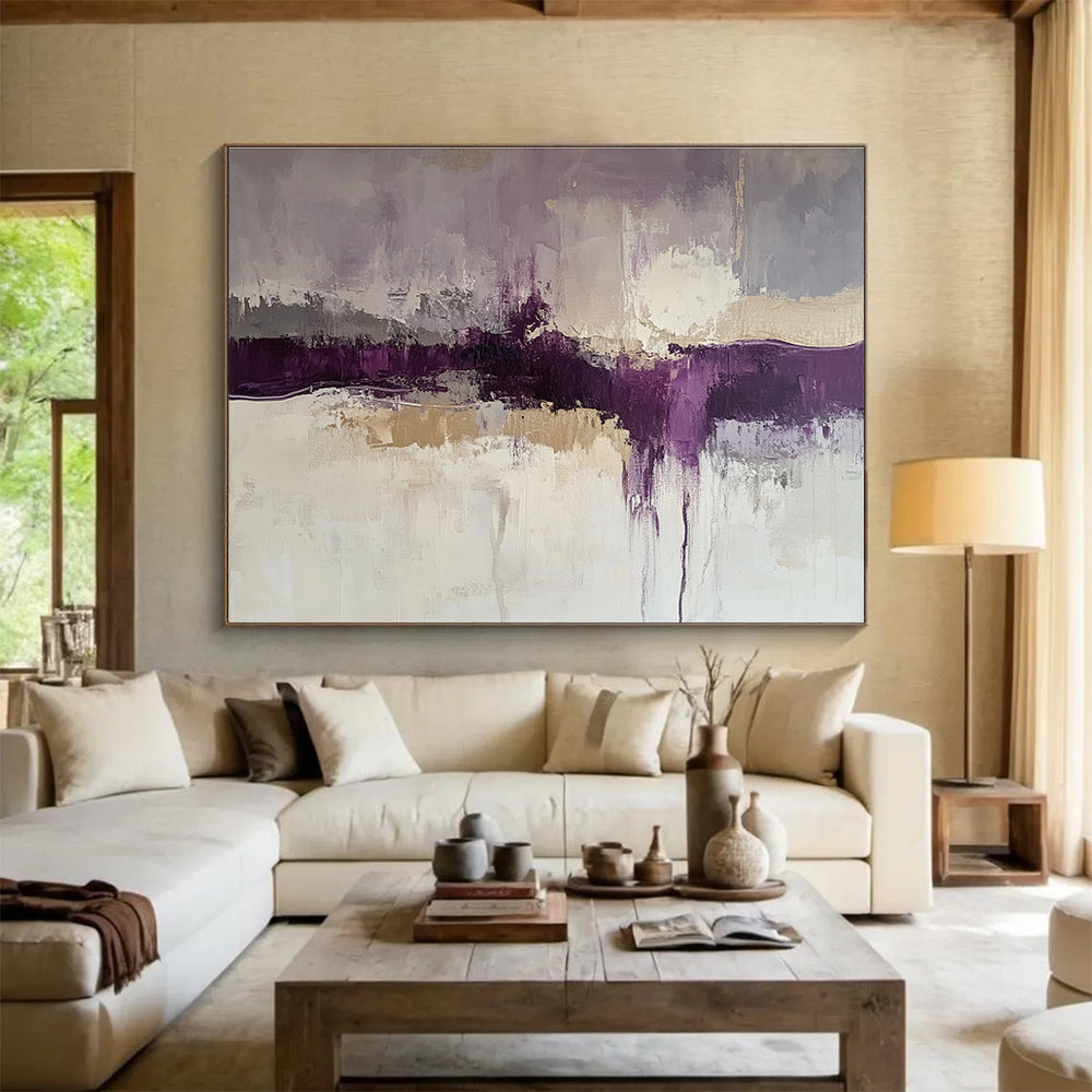 Purple and Beige Abstract Landscape Painting with Textured Layers DYP248
