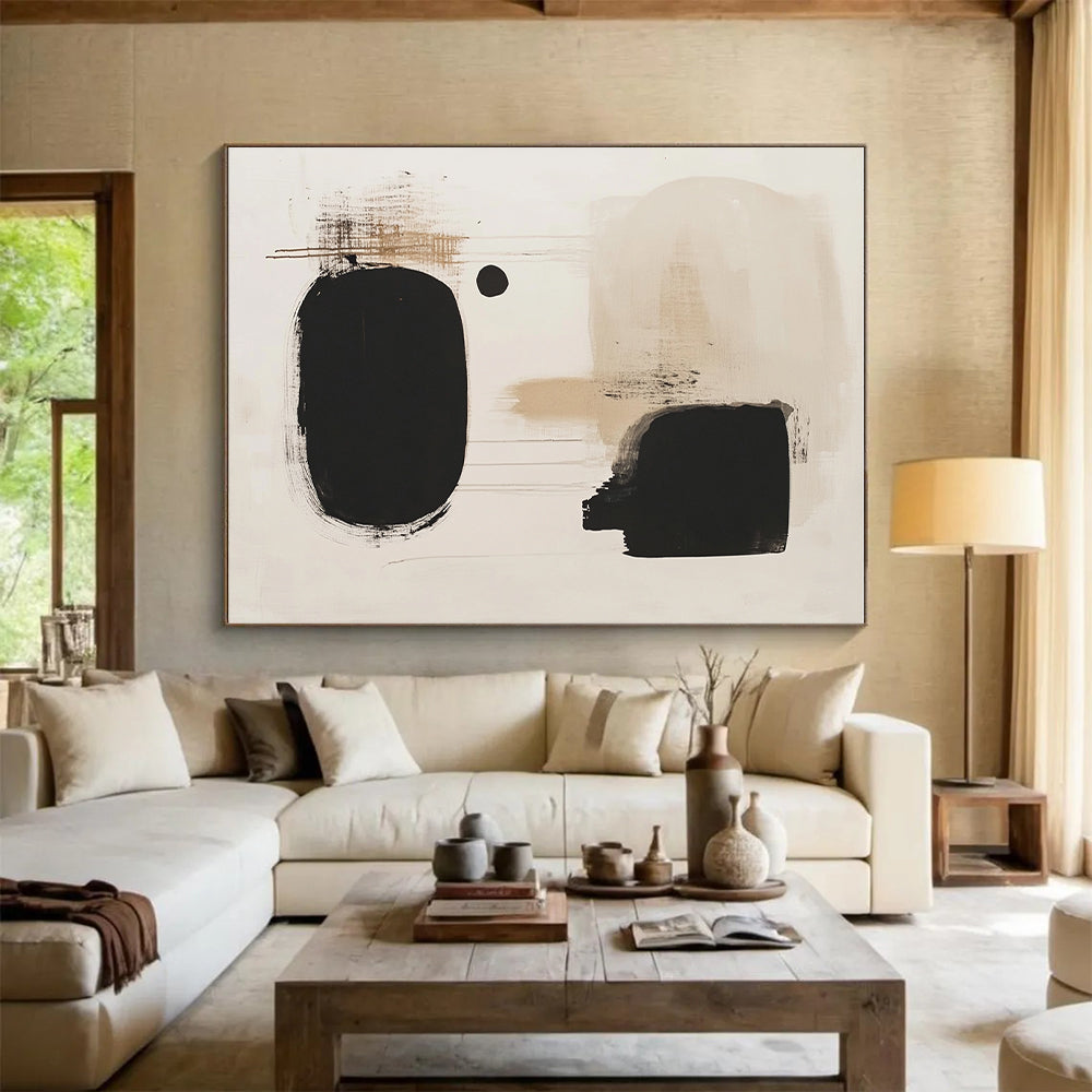 Black and Beige Drip Abstract Painting with Spontaneous Forms GER173