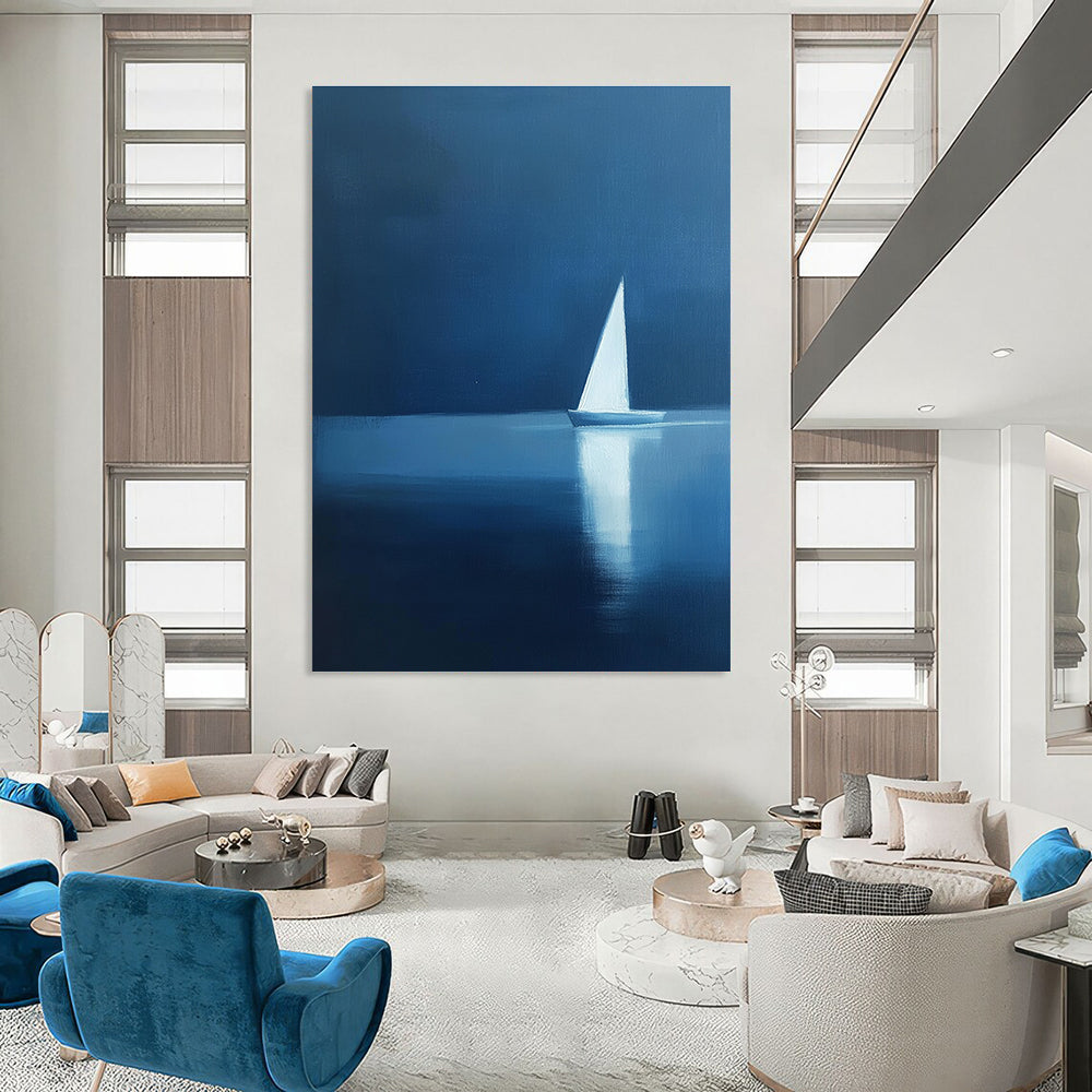 Abstract painting featuring a minimalist silhouette of a sailboat on calm water with elegant blue and white hues, creating a serene atmosphere.STSC1087