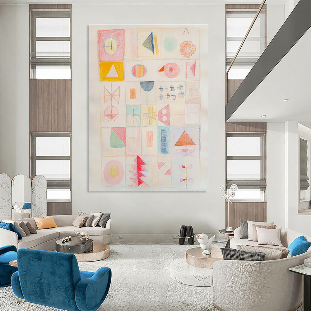 Large abstract painting in soft pastels featuring geometric shapes vibrant pink tones and lively details capturing strong contrasts and emotions on a white background.STSC985