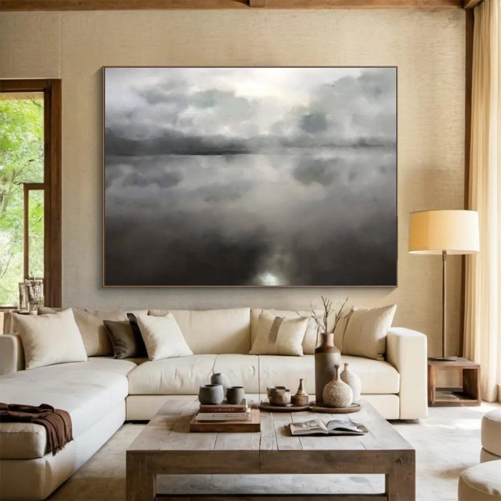 Monochrome Lake Abstract Painting with Cloud Reflections THY124