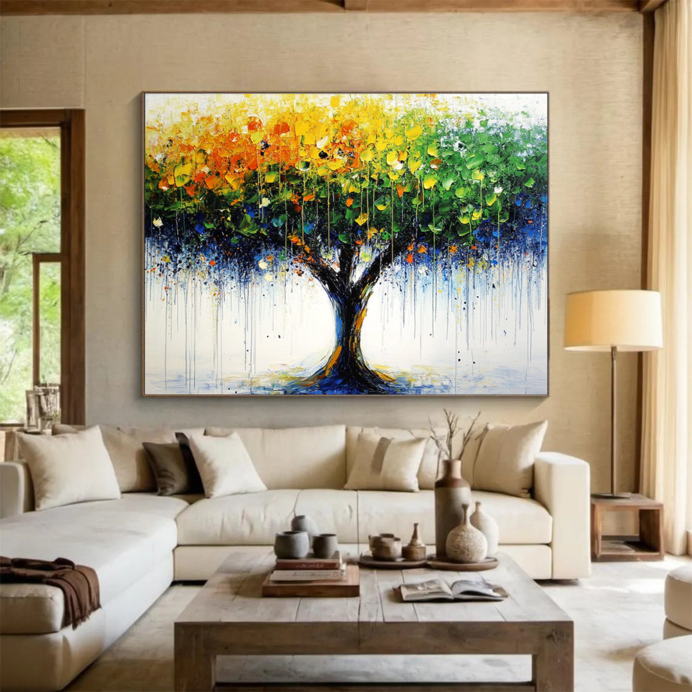 Large abstract tree painting featuring bold green yellow and blue brush strokes with distant trees and raindrop-dotted leaves on a vibrant summer day.SC285