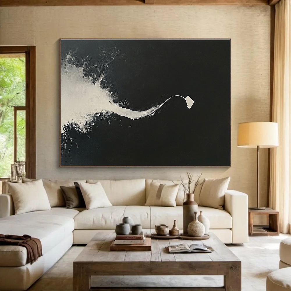 Large abstract painting features white brush strokes on a black background highlighting a curved line and a single floating paper piece.SC096