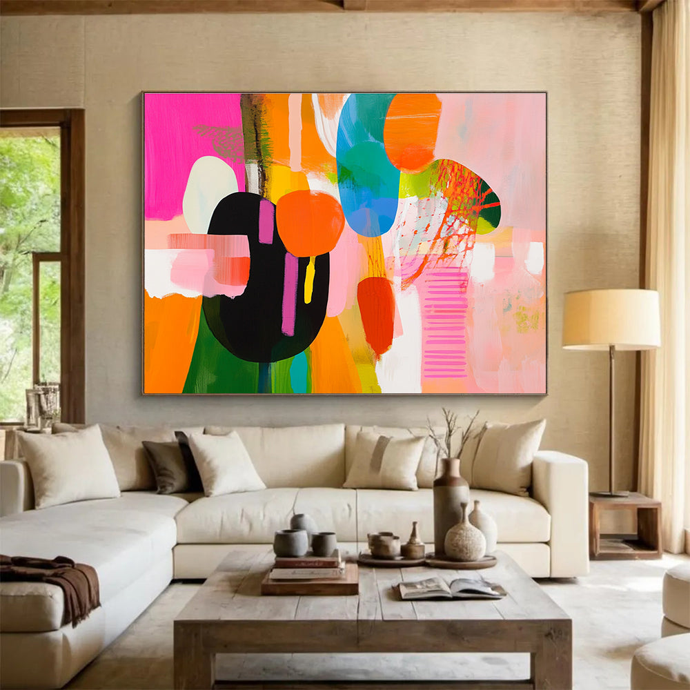 Bold abstract artwork showcasing vibrant pink, yellow, green, and blue shapes with dynamic movement and expressive brushstrokes.SC300