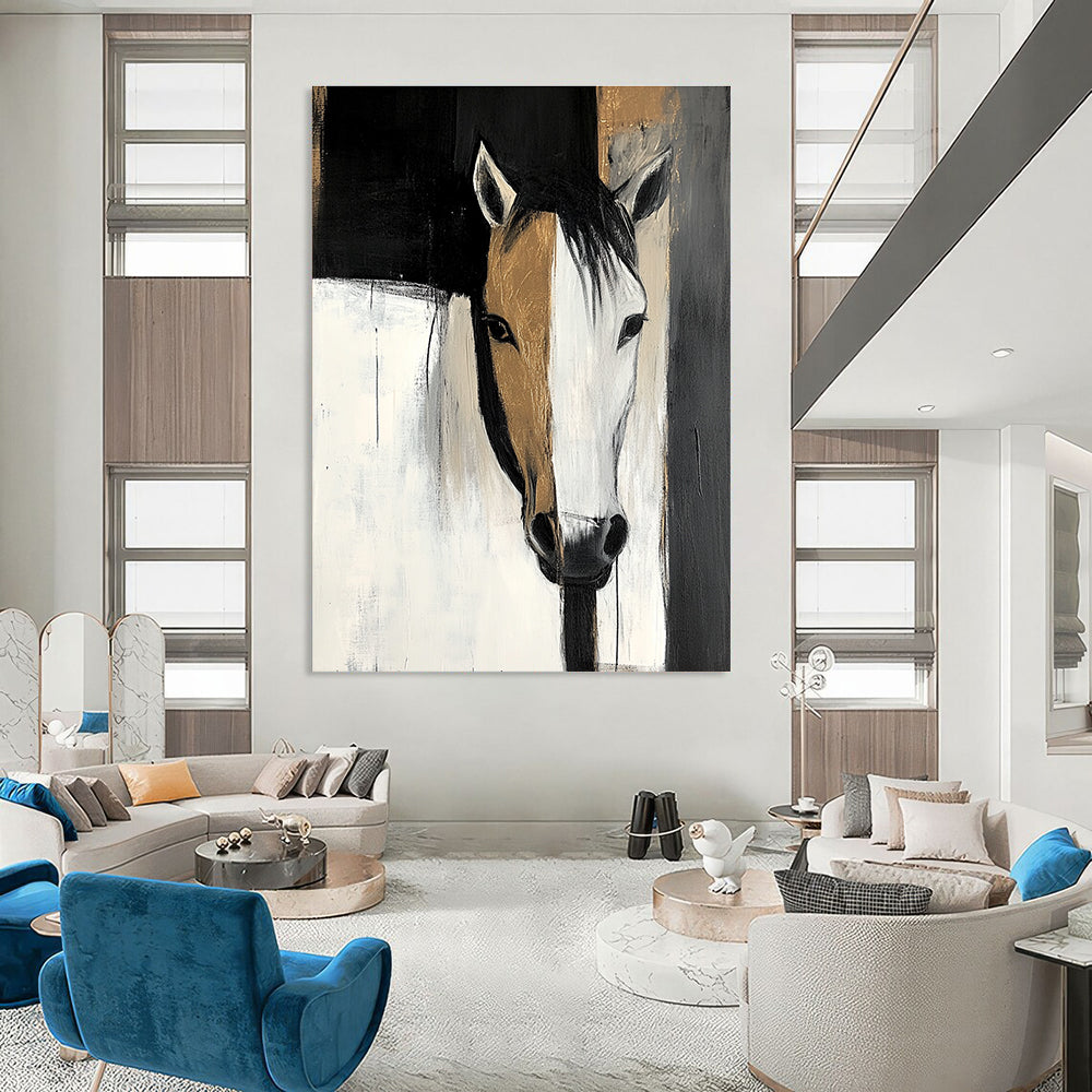 Large abstract painting featuring black and white shapes with gold highlights and a horse's head emerging from shadows conveying mystery and depth.STSC214