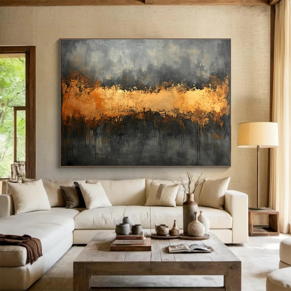 Gray and Gold Abstract Painting with Dripping Textures DYP305