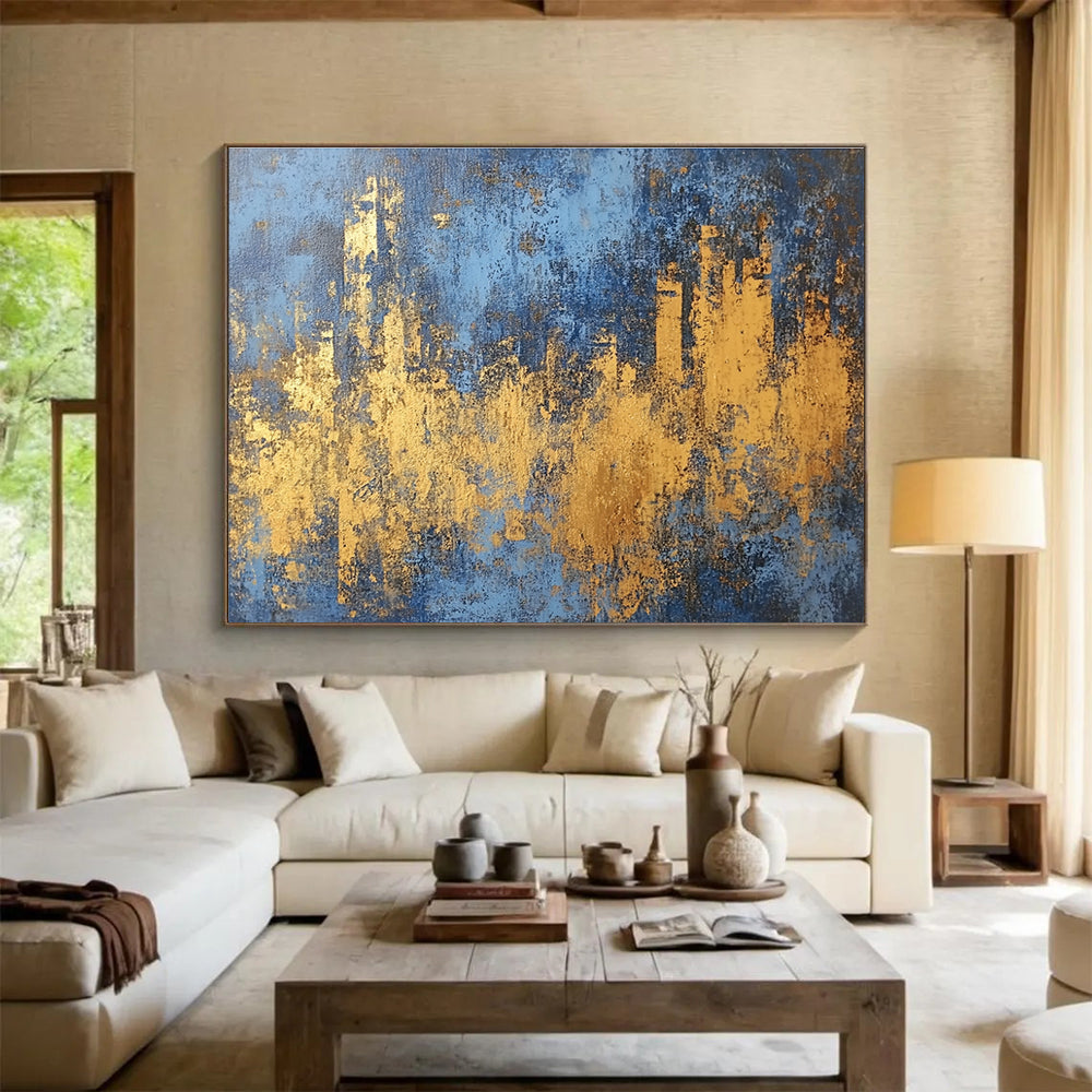 Blue and Gold Cityscape Abstract Painting with Distressed Textures DYP313