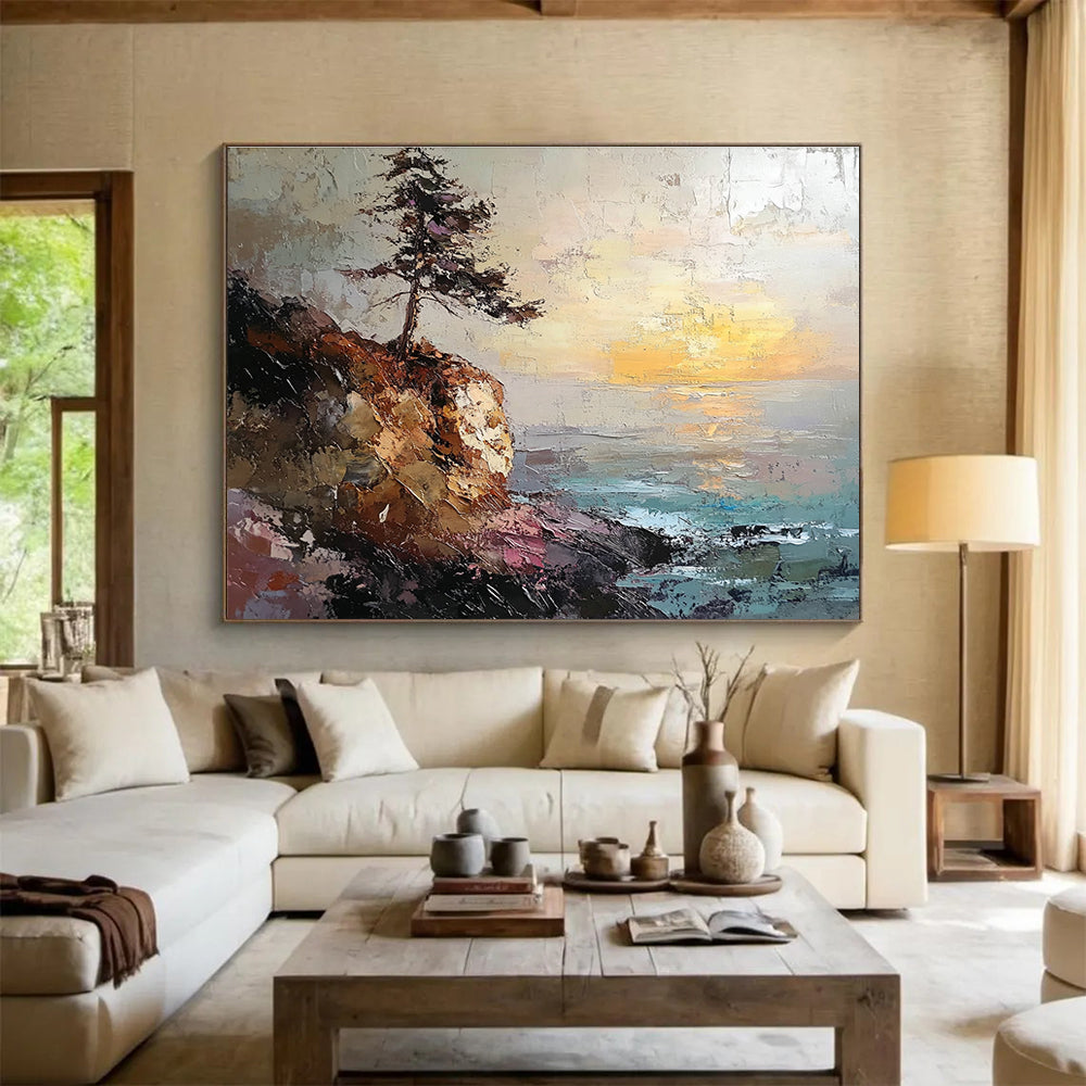 Abstract painting featuring a rocky coastline with a pine tree on a cliff under a sunset in textured oil paint.SC599
