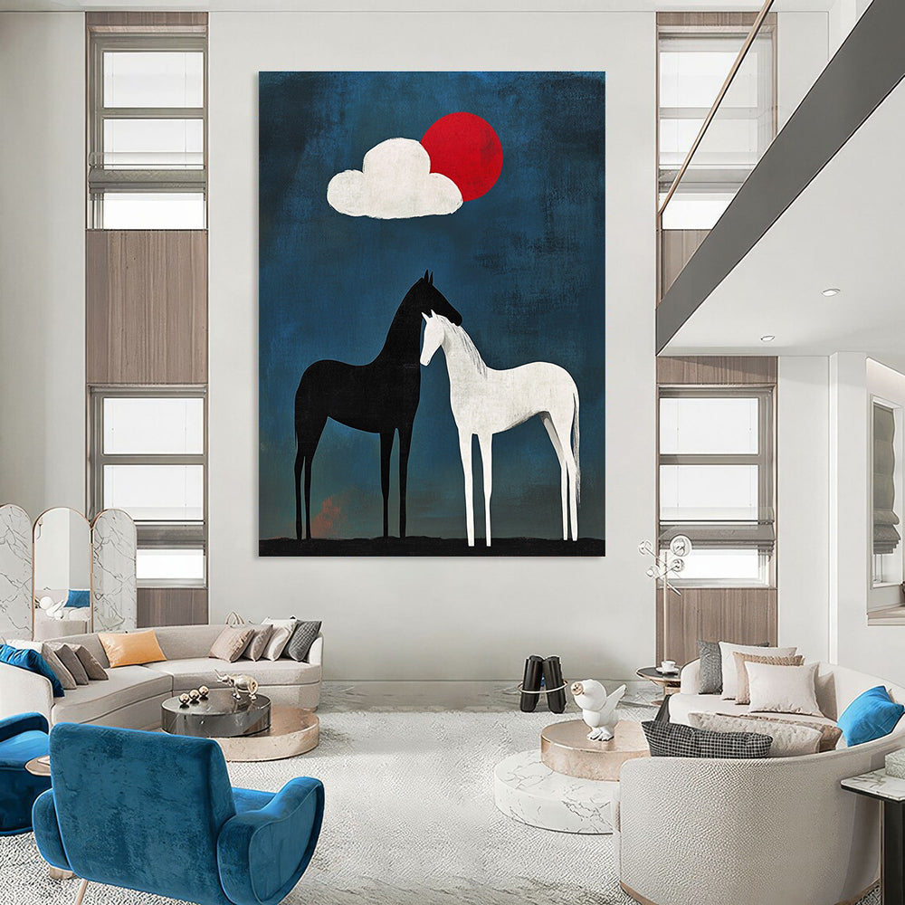Large abstract painting featuring a black horse with white legs and tail beside another horse under an egg-shaped cloud against a blue background with a red sun.STSC916
