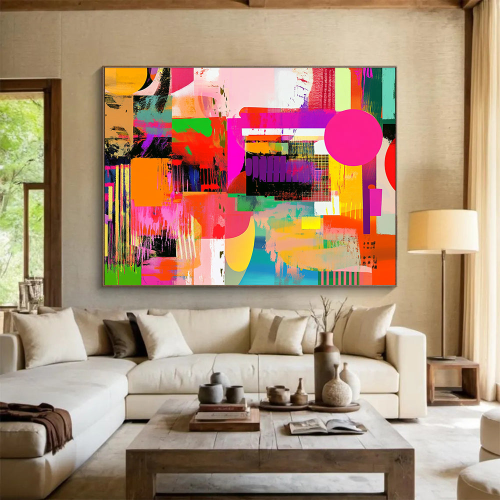 Large abstract artwork featuring vibrant colors and bold contrasts with dynamic shapes and patterns, reminiscent of pop art influences.SC461