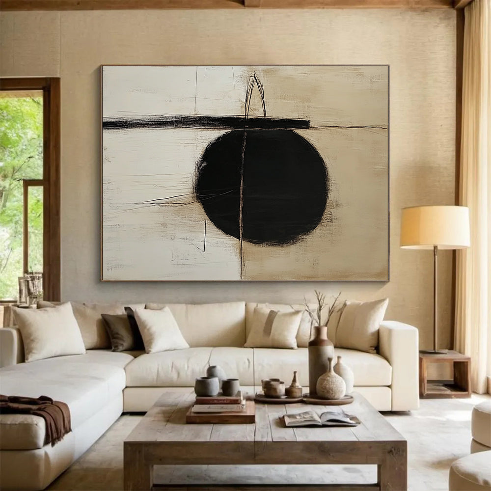Black Circle and Lines Abstract Painting on Beige Background GER010