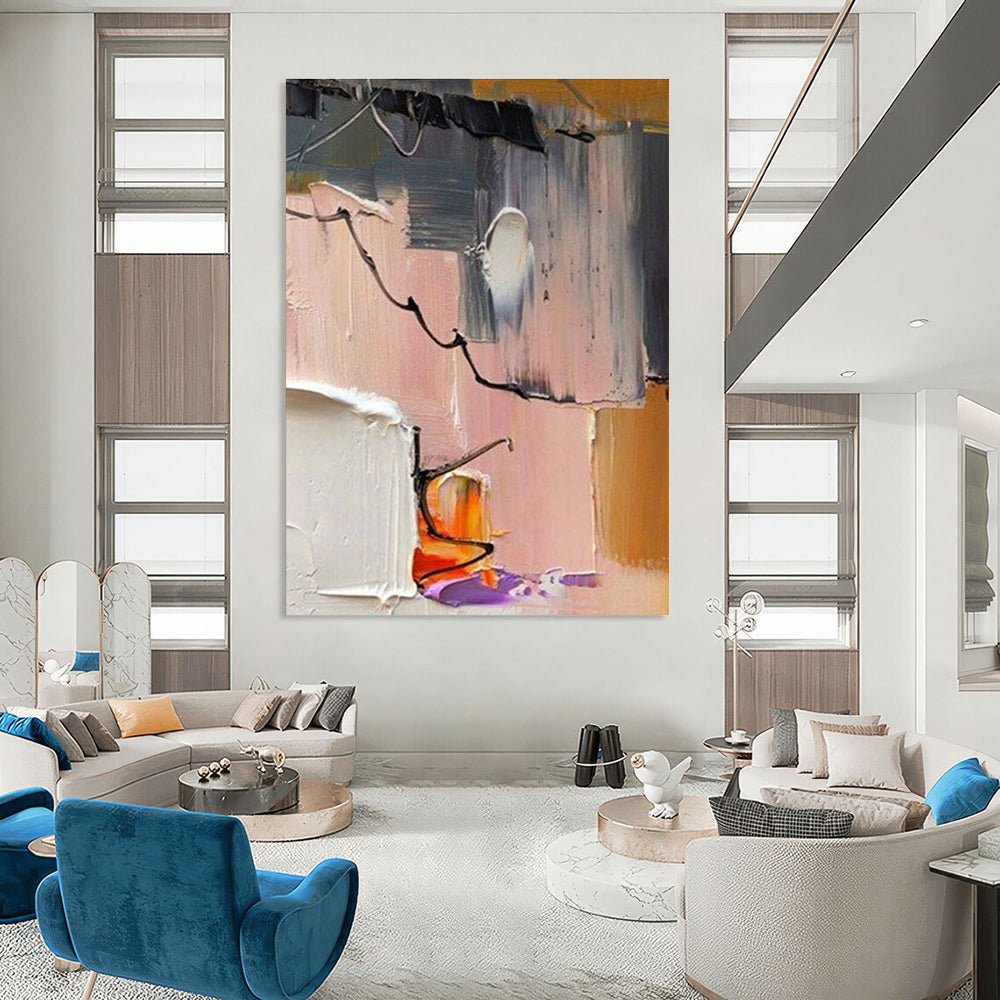 Abstract Painting with Gray Pink and Black Lines ADGE270