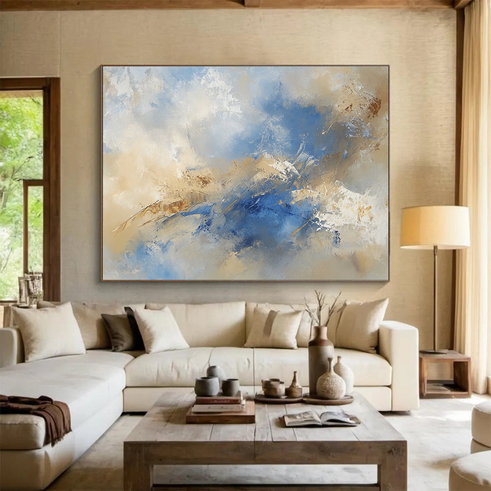 Blue and Beige Abstract Painting with Soft Brushstrokes DYP181