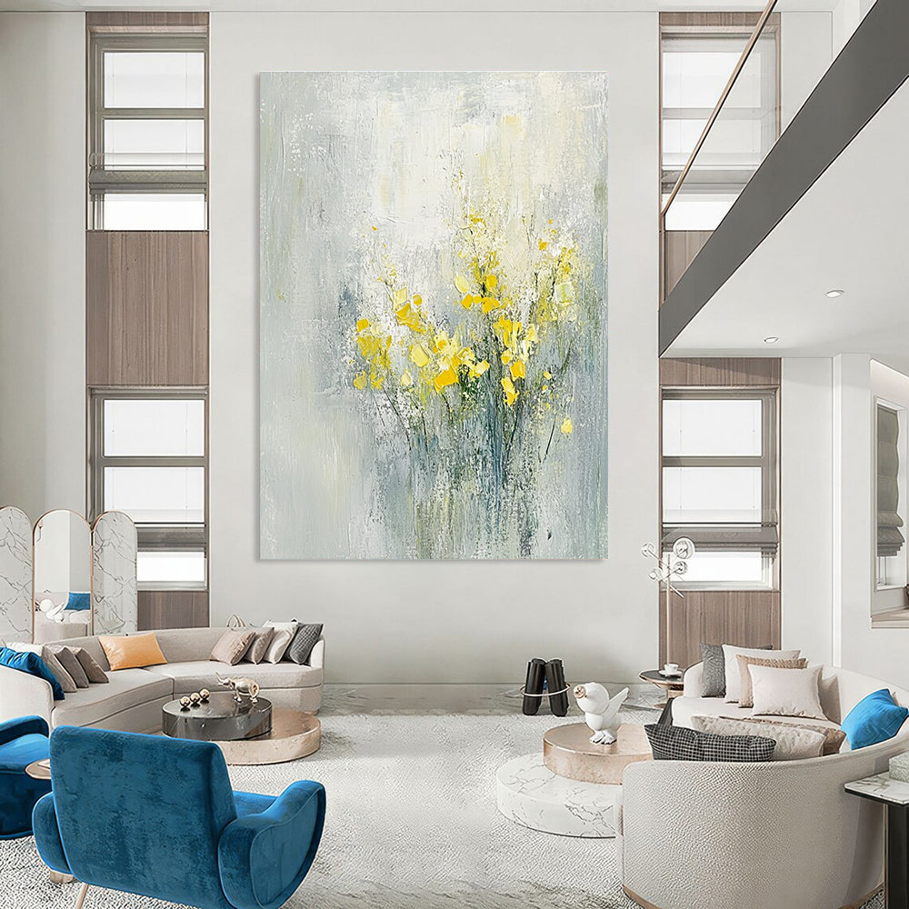 Abstract oil painting of flowers in light gray and yellow hues capturing a serene spring theme inspired by Zao Wou-Ki.STSC185