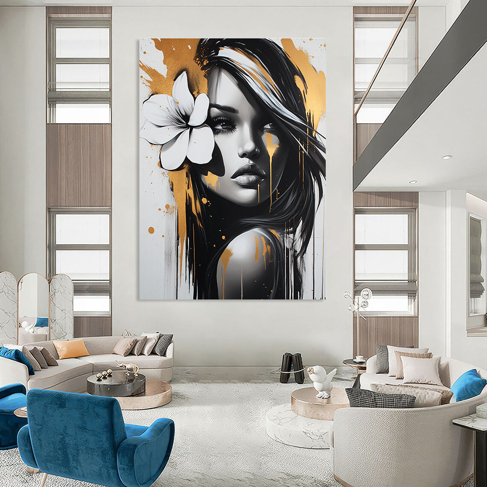 A stunning abstract painting featuring a beautiful woman with a white flower in her hair adorned with gold and silver paint splatters in FyaBeats style.STSC904