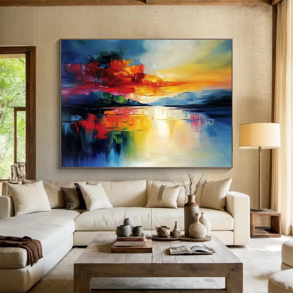 Bold Color Block Sunset Abstract Painting with Vivid Reds Oranges and Blues DYP236
