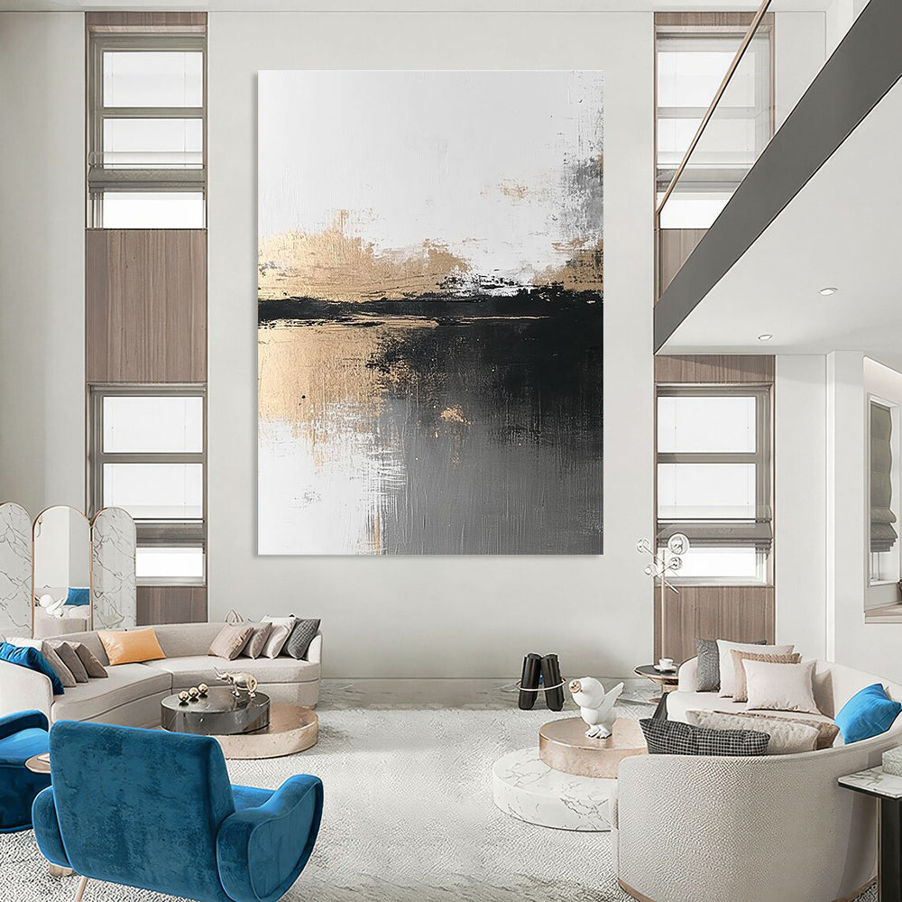 Abstract painting featuring atmospheric grey and gold tones with a minimalist landscape evoking calmness and serenity through brush strokes and textured water reflection.STSC387