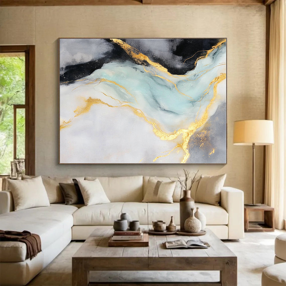 Gold Blue Gray Abstract Painting with Flowing Gold Lines GER740
