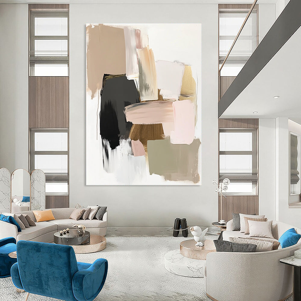 A large abstract painting featuring neutral tones with soft pinks and greens complemented by gold accents in a minimalist style.STSC619