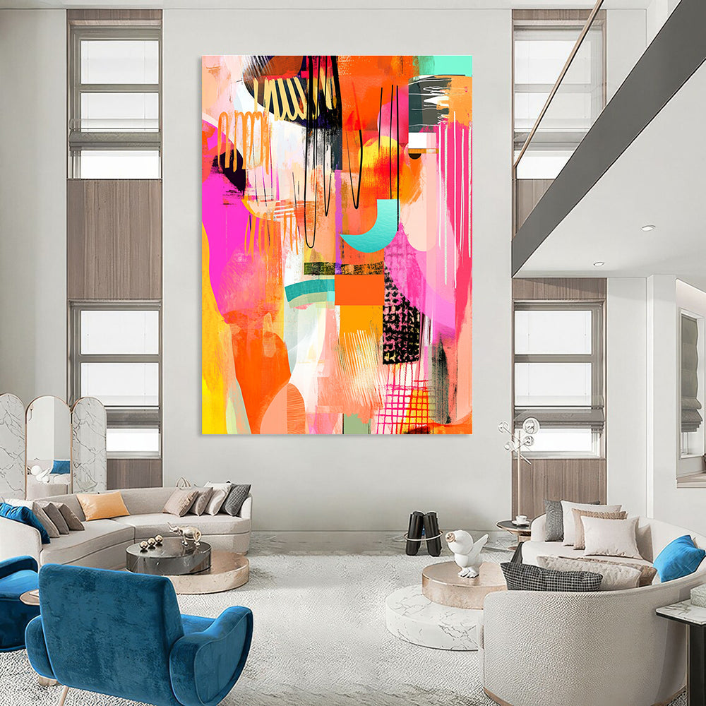 Large abstract art featuring pink orange yellow and white shapes with whimsical patterns bold lines and hand-drawn textures in a vibrant warm color palette.STSC046