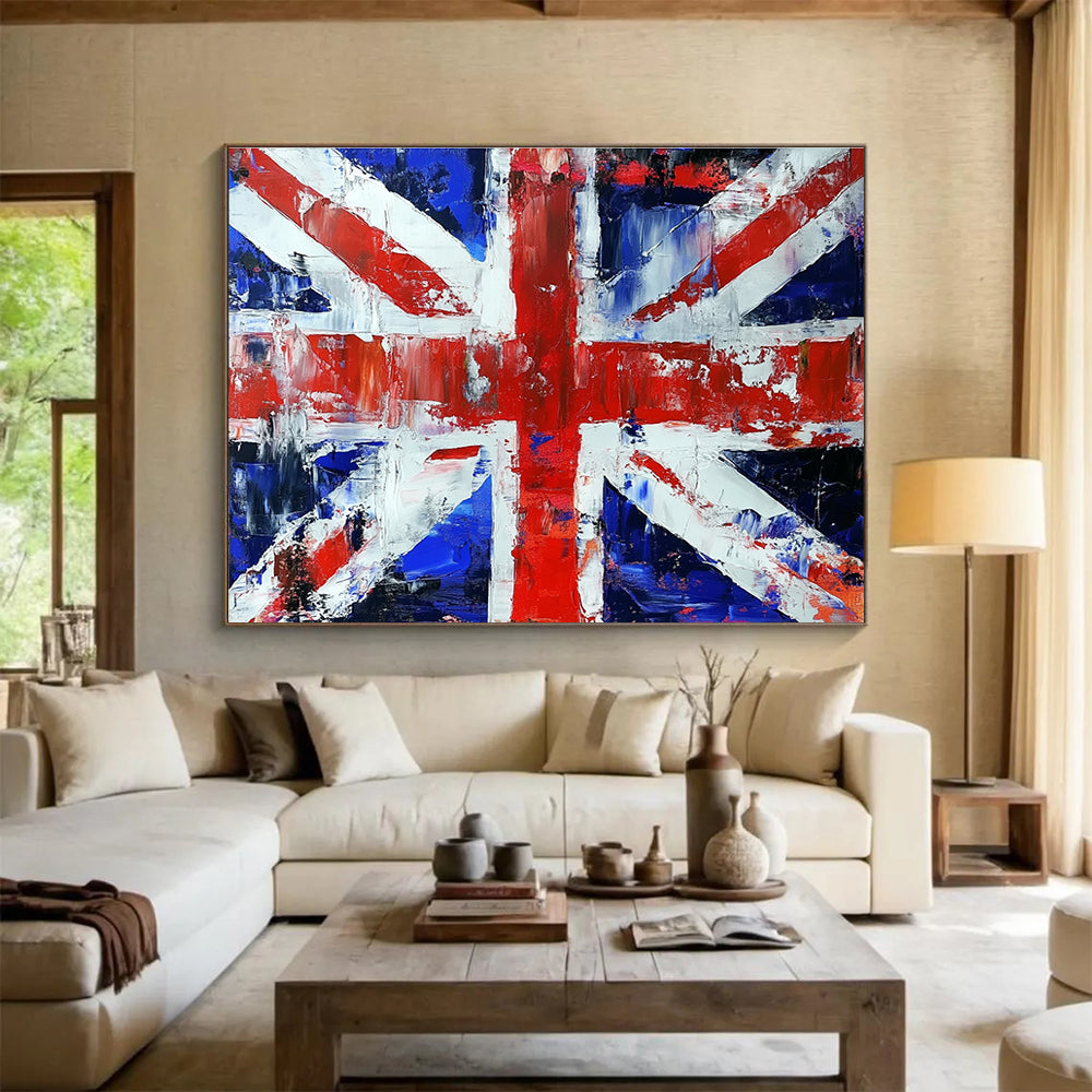 Large abstract painting of the British flag featuring a vibrant palette knife technique for a striking visual impact.SC200