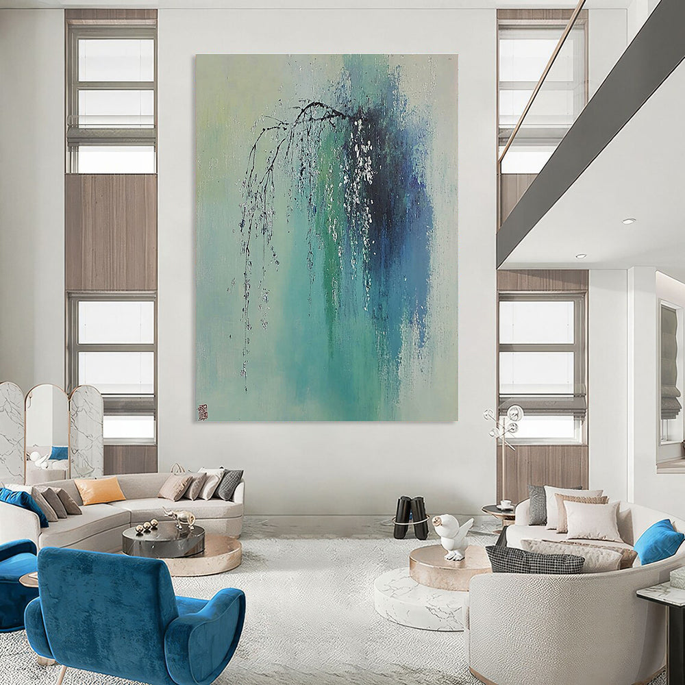 Large abstract painting of a willow tree with silver dewdrops soft colors and a misty rain in spring inspired by Zao Wou-Ki.STSC1038