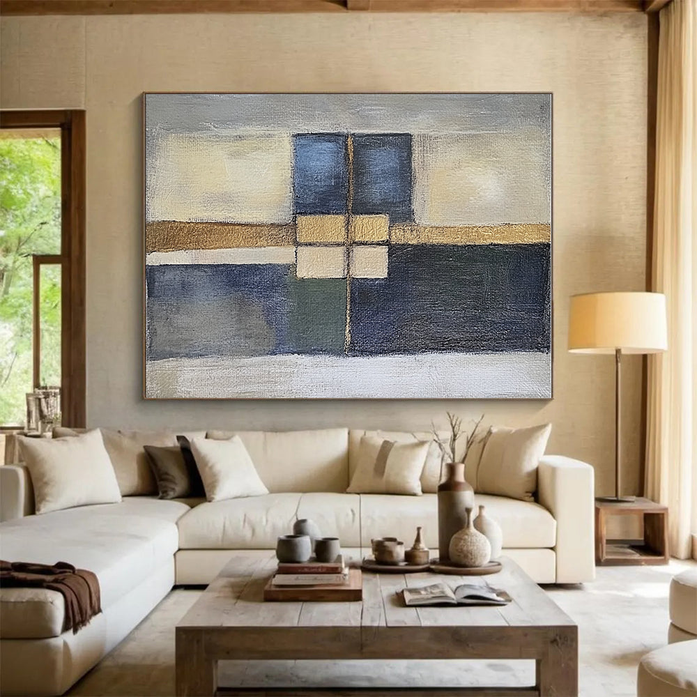 Blue Gold Abstract Painting with Structured Forms GER814