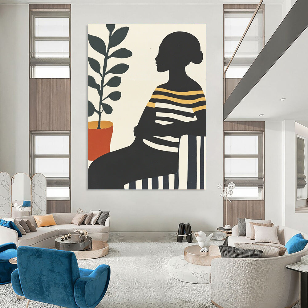 Large abstract painting featuring an African woman on a striped sofa with silhouettes and vibrant colors complemented by a pot of green leaves.STSC537