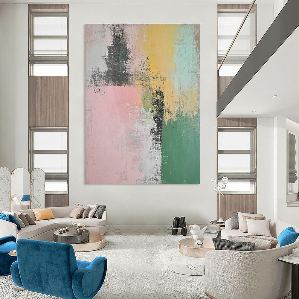 Large abstract painting featuring muted pastel greens pinks and yellows with organic brush strokes showcasing Paige Sessoms' poetry elegantly intertwined.STSC774