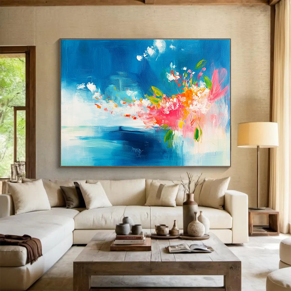 Blue and Pink Abstract Painting with Floral Burst DYP394