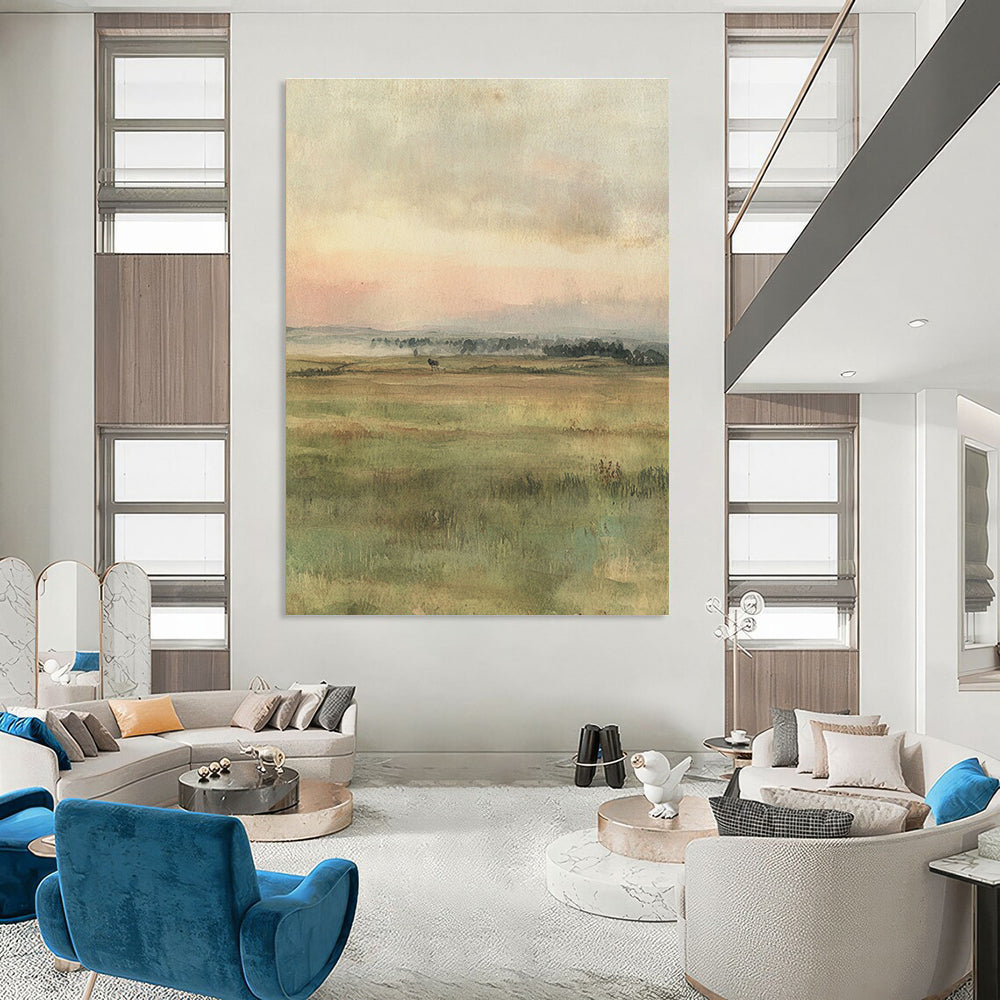 A large abstract painting featuring muted colors of an open field with gentle brushstrokes and two hares in the foreground.STSC1229