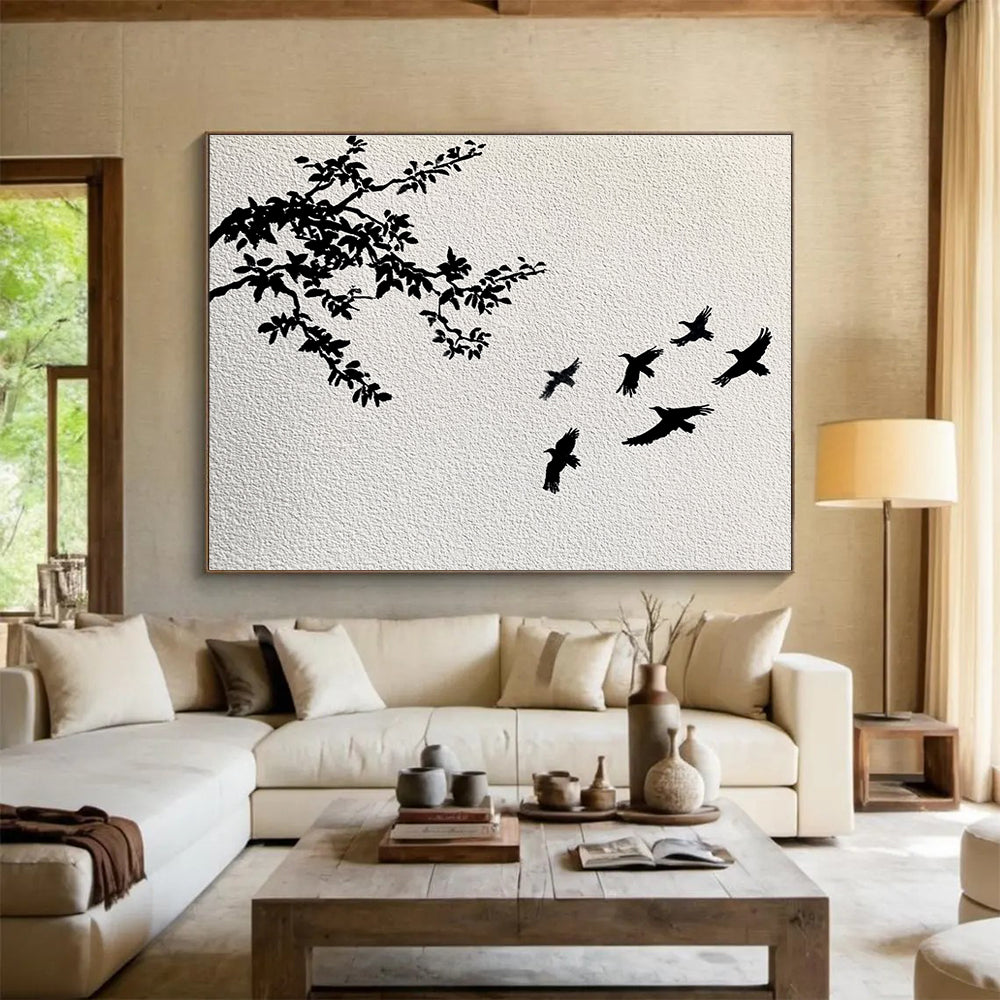 Black White Tree - Bird Silhouette Abstract Painting DYP026