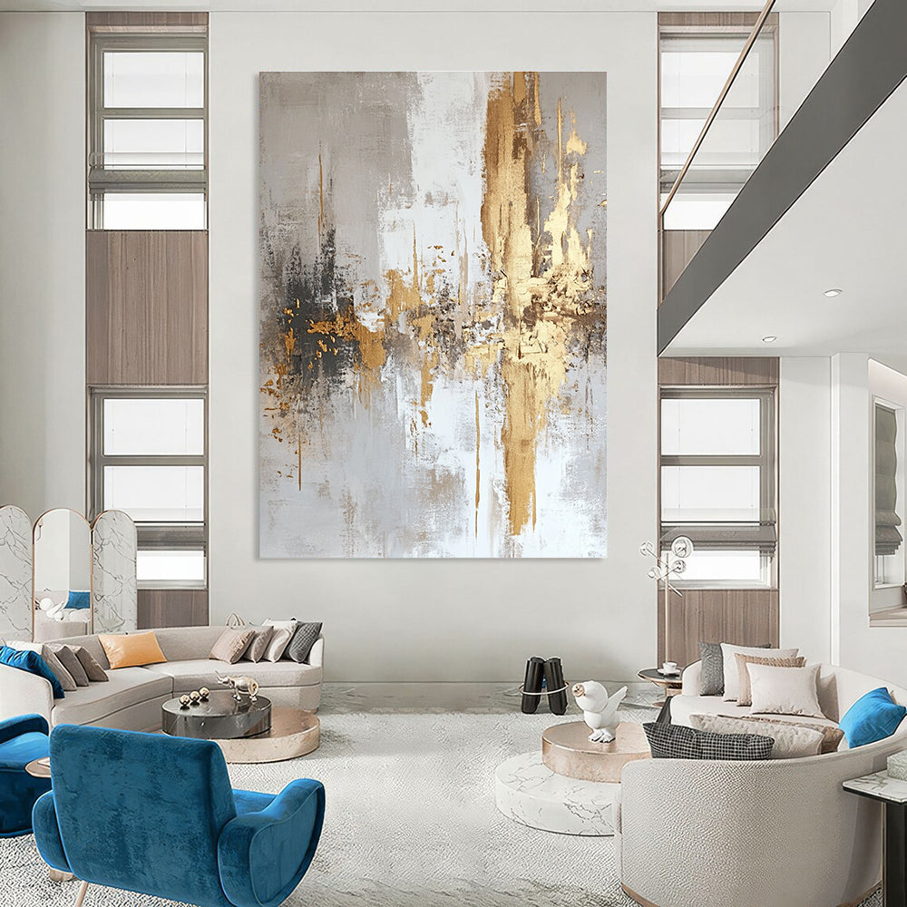 Large abstract painting featuring white and gold textures with light gray background and elegant gold foil accents.STSC508