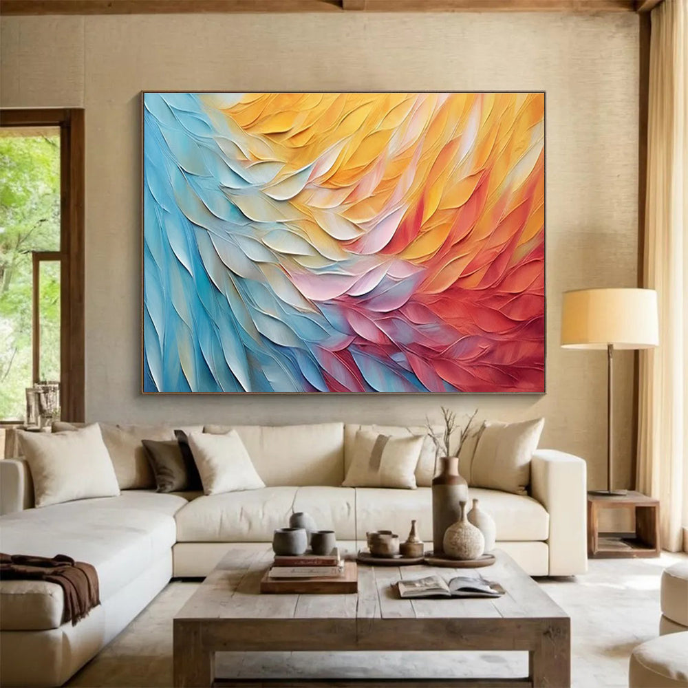 Colorful Feather Abstract Painting with Blue, Yellow, and Red Hues THY201