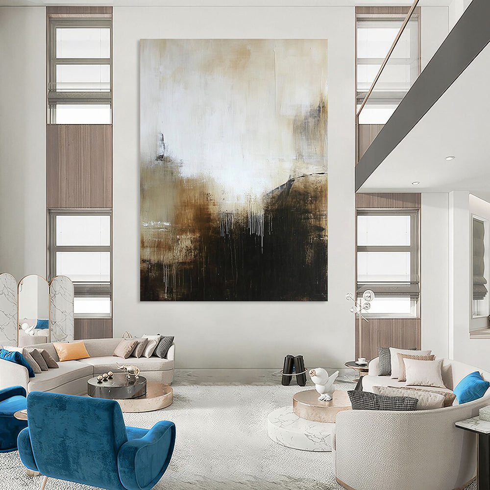 Large abstract painting in muted white and brown tones with black hints offering a mysterious and inviting atmosphere with textured layers.STSC618