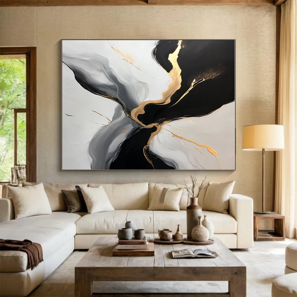 Black Gold and Gray Abstract Painting with Flowing Forms GER510