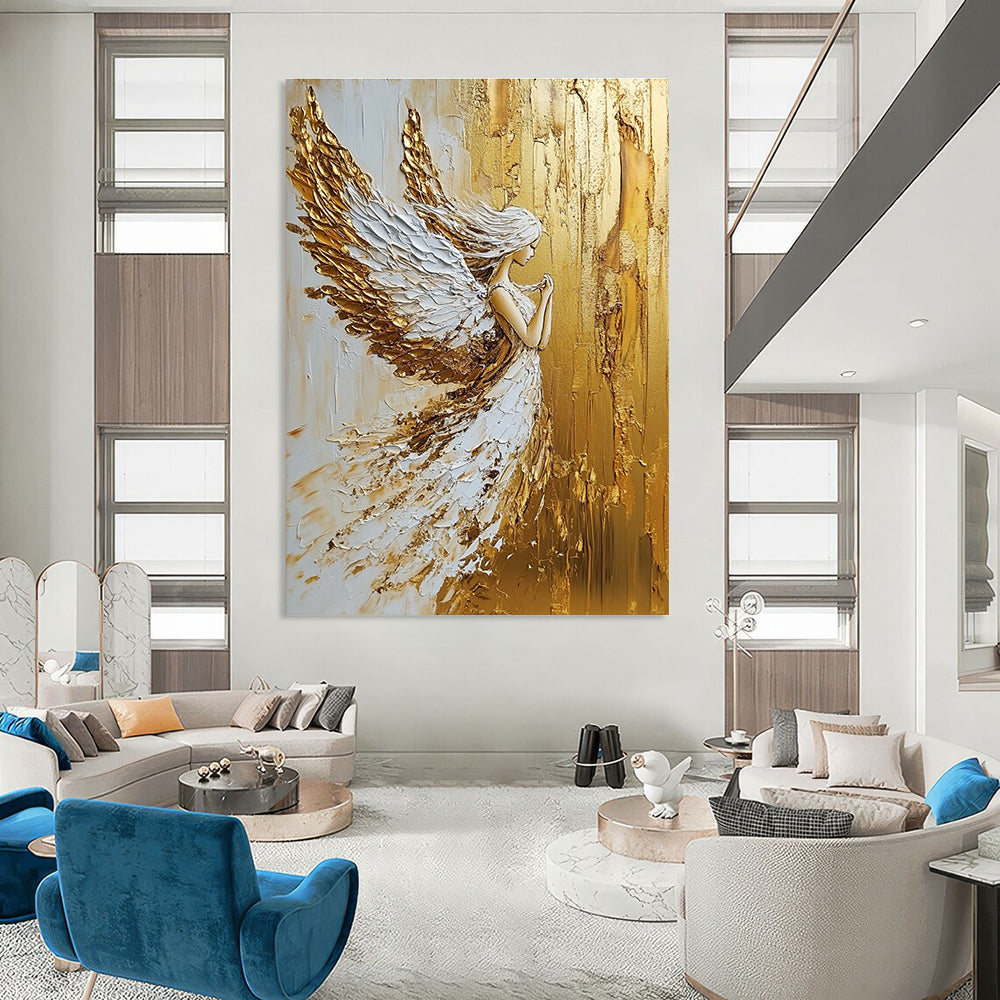 Large abstract painting in gold and white colors created with palette knife oil paint for a striking modern decor piece.STSC007