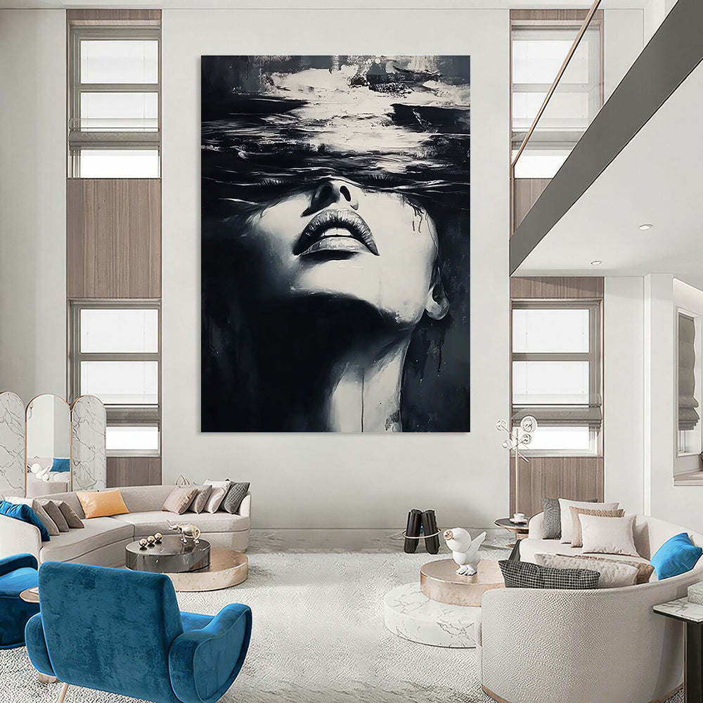 A large abstract painting of a woman's face emerging from water in dynamic black and white brushstrokes inspired by Yoji Shinkawa and Dominik Mayer.STSC1385