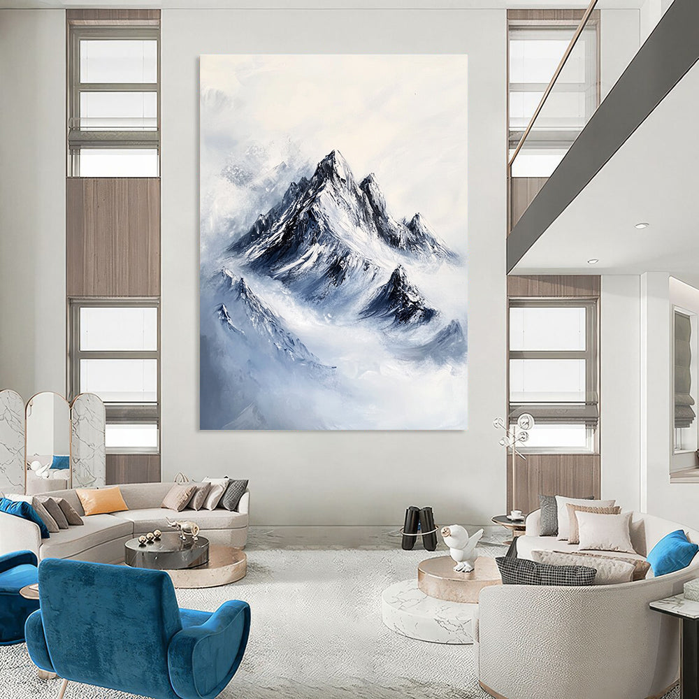 A large abstract painting featuring a rugged mountain peak with intricate rocky textures and deep blue snow-covered peaks against a white background.STSC1168