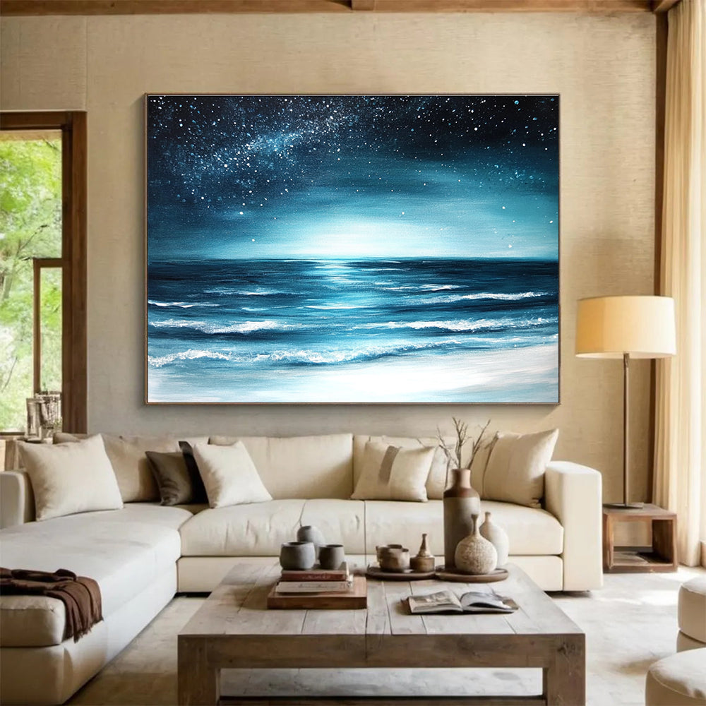 Starry Sea Abstract Painting with Deep Blue and Silver Tones DYP554