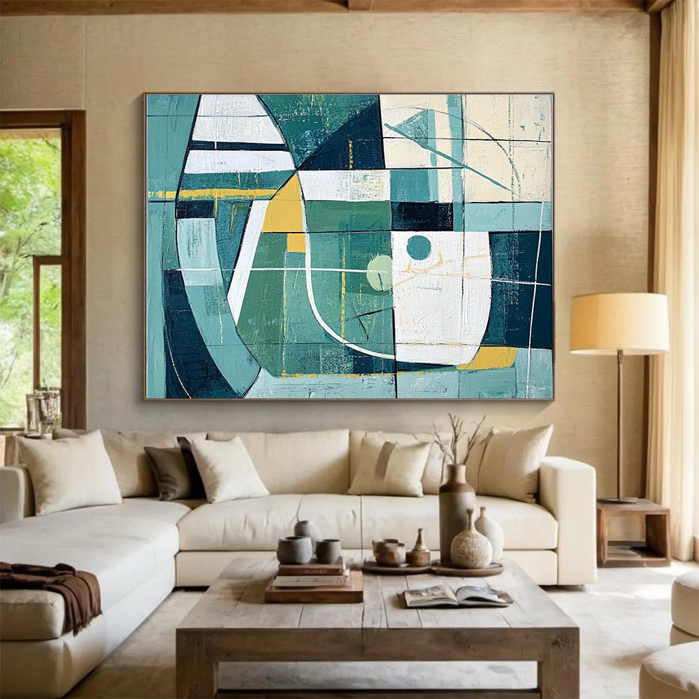 Large abstract painting featuring simple green and white shapes with yellow accents inspired by sports fields and goal lines.SC252