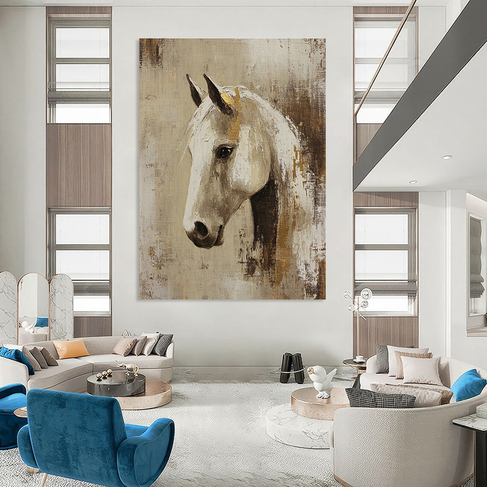 Abstract oil painting featuring an Arabian horse head in beige and white with gold accents set against a rustic neutral background.STSC143