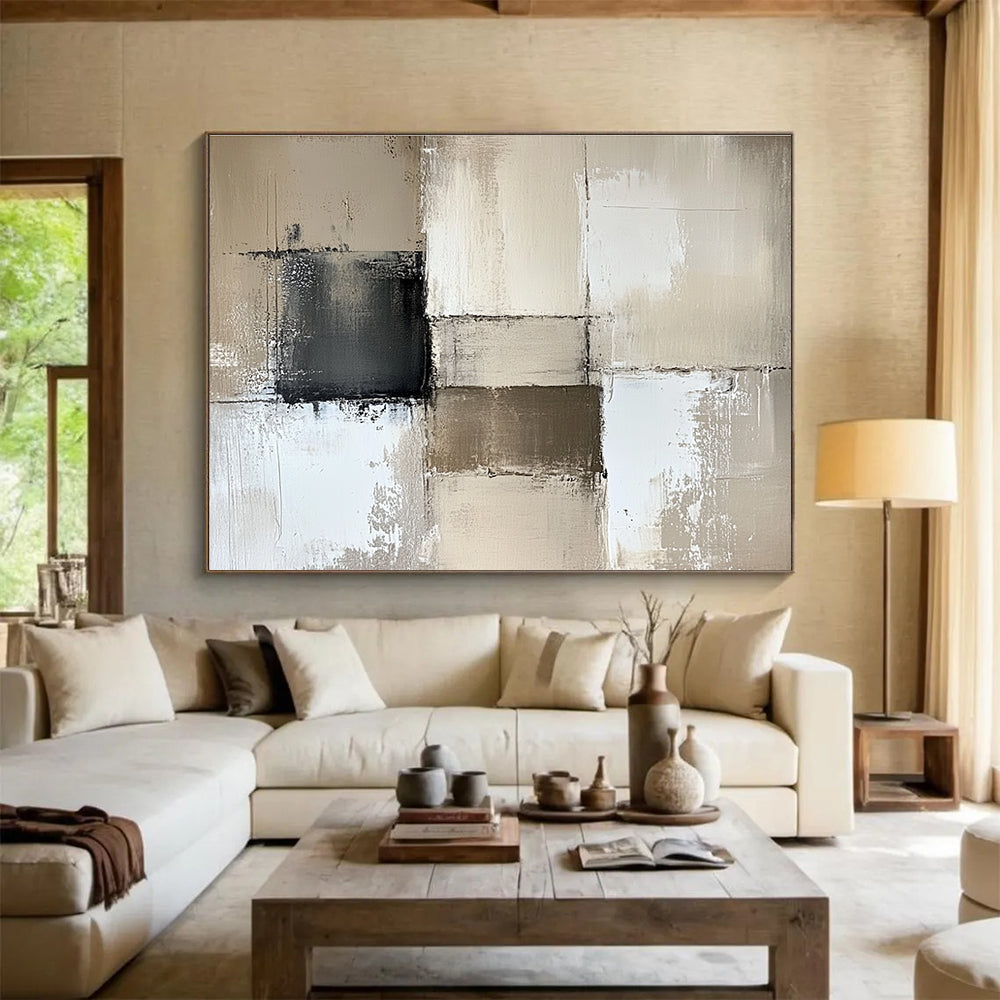 Large abstract painting in beige and white with textured brush strokes and gray accents, perfect for enhancing neutral wall decor.SC369