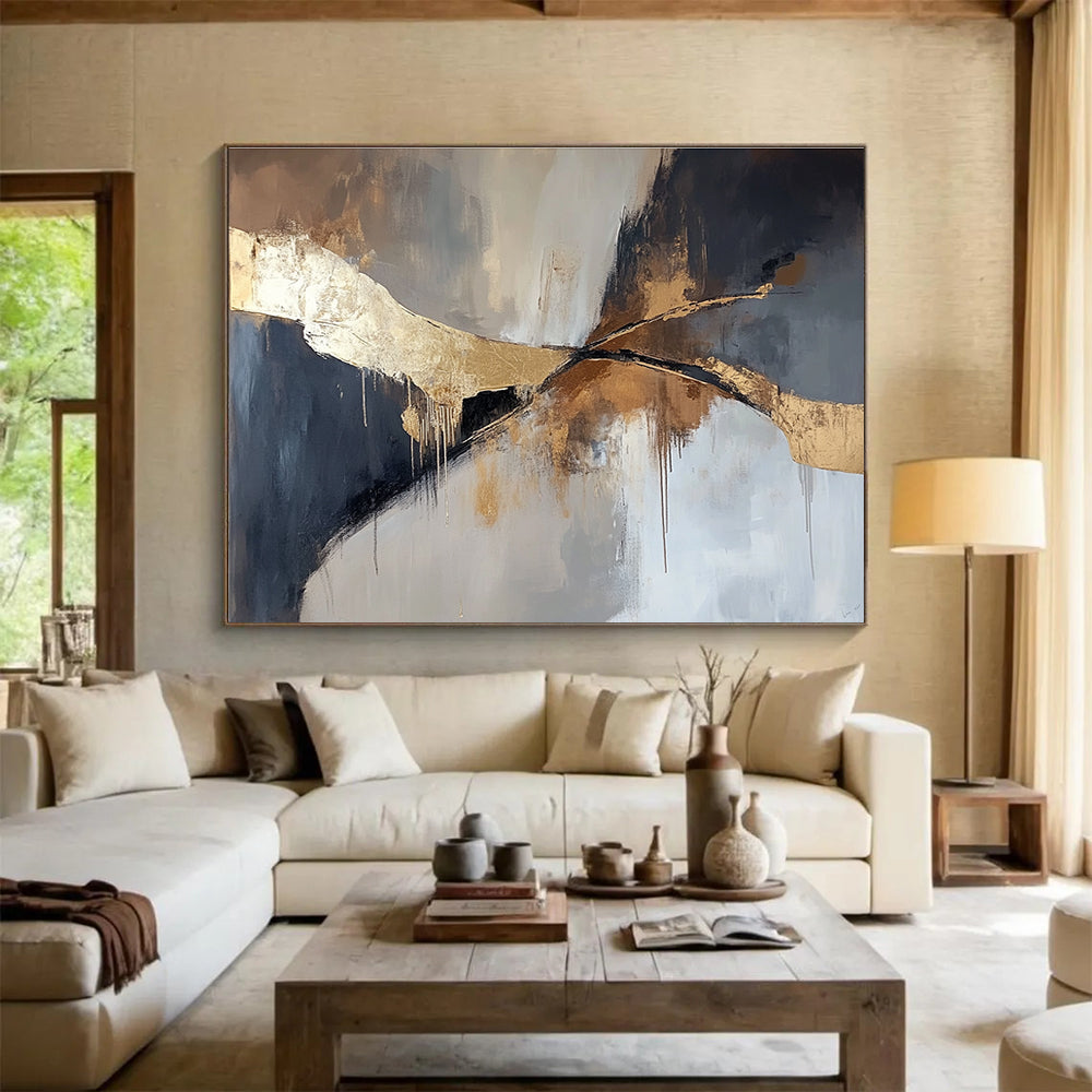 An abstract painting in muted browns and greys with elegant gold accents, featuring a striking minimalistic design perfect for modern aesthetics.SC327