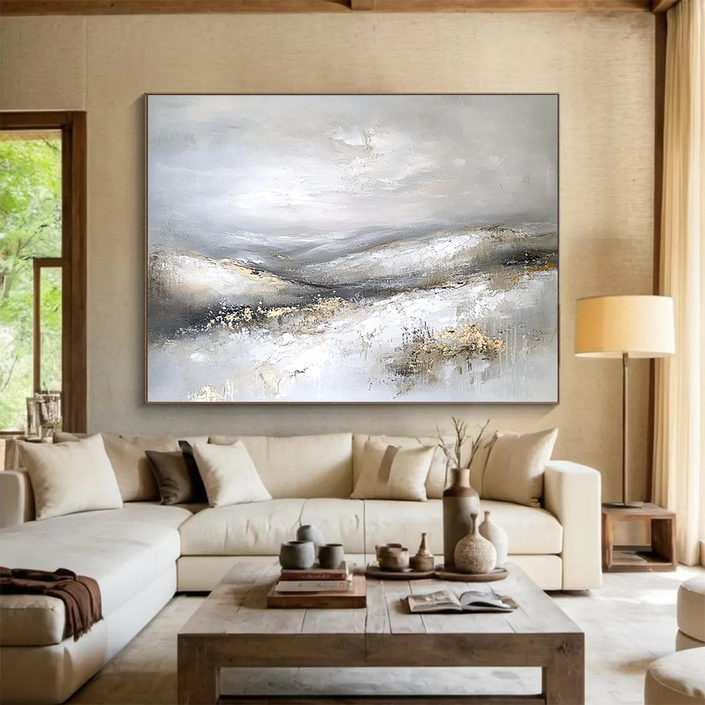 Gray and Gold Mountain Abstract Painting with Textured Peaks DYP243