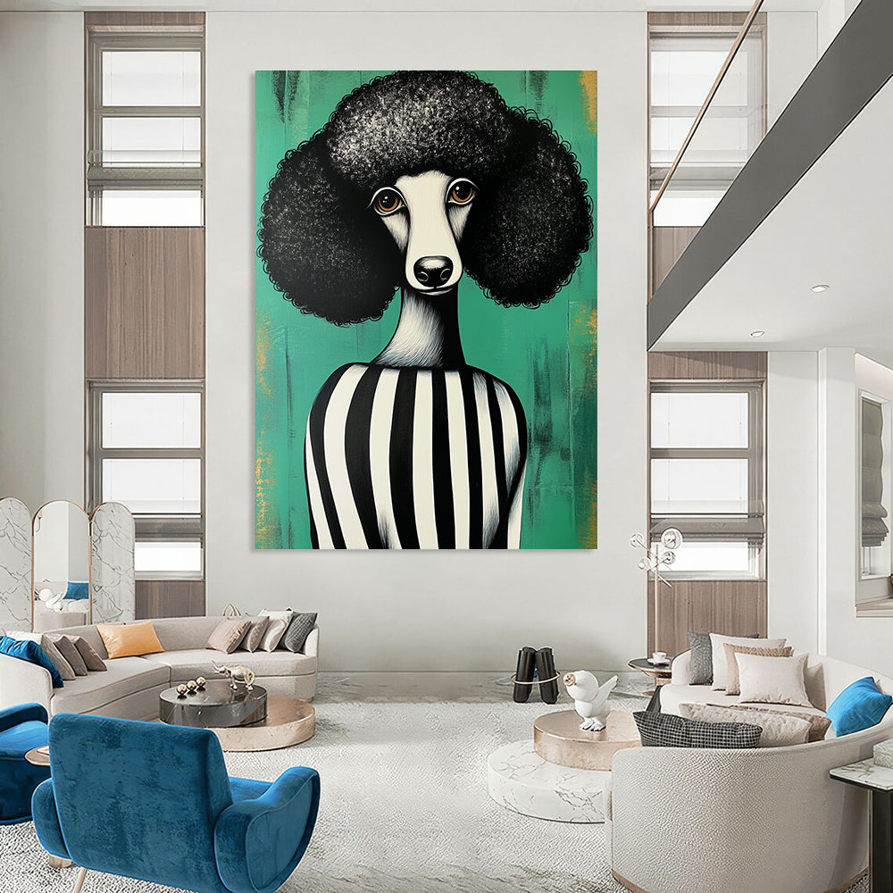Abstract painting featuring a black and white poodle in a striped dress against a green background inspired by Shepard Fairey style.STSC912