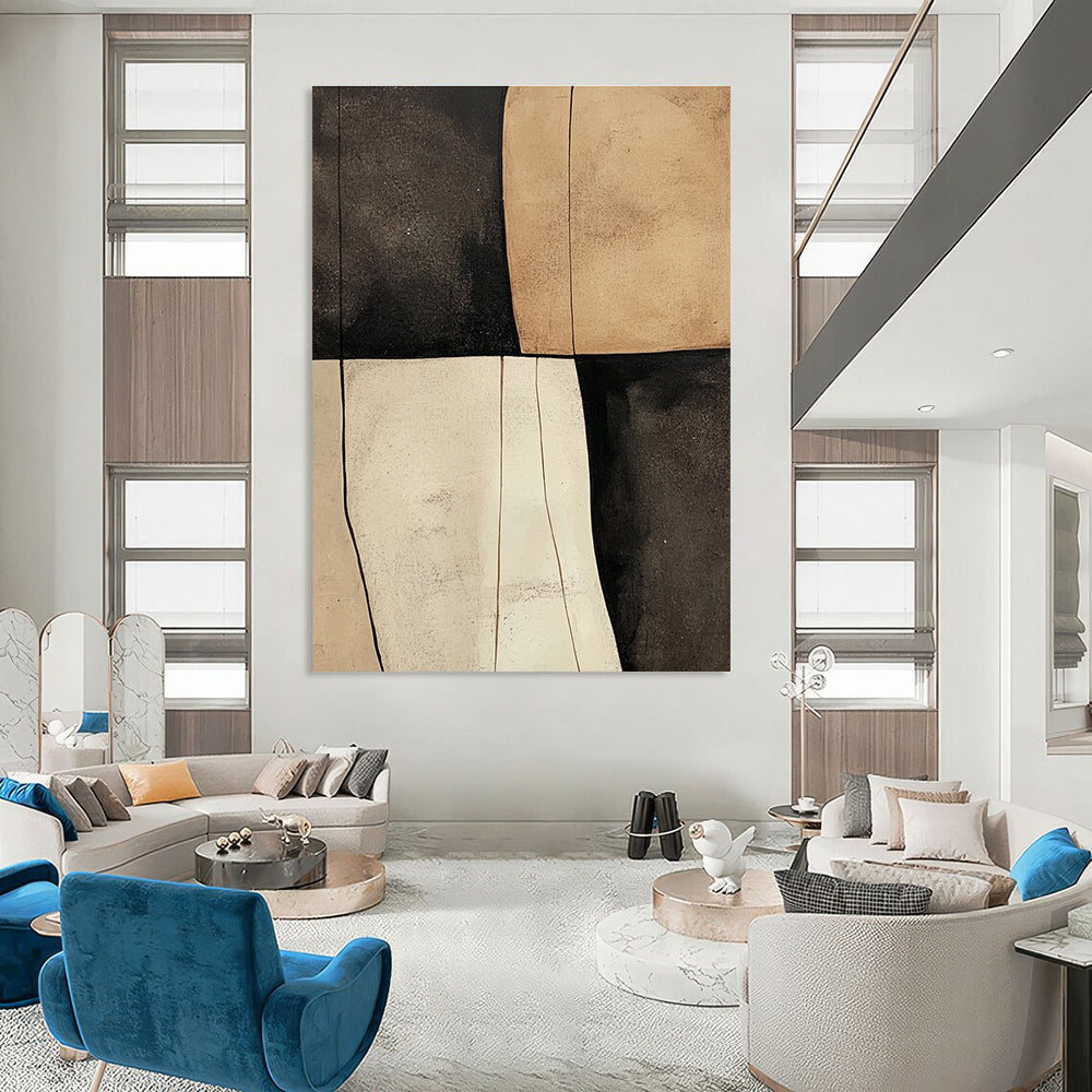 Large abstract painting featuring beige black and white shapes with smooth tan textures on a dark gray background.STSC627